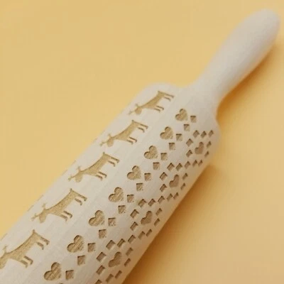 14" Wood Rollin Pin Engraved Reindeers & Hearts for Christmas Cookie Decorations - Image 1 of 4