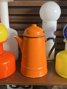 Vintage Orange Enamel Metal Polish Kettle Retro Coffee Pot Mid Century - Picture 1 of 7
