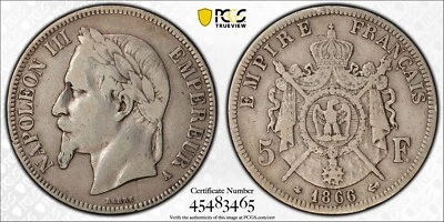 1866-A France 5 Francs, Napoleon III - PCGS VF25,  Rare Low Mintage Issue Foto 1 de 3