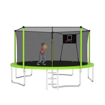 14FT Trampoline w/Safety Enclosure Net Spring Pad Ladder Basketball Hoop Outdoor - Image 1 of 4