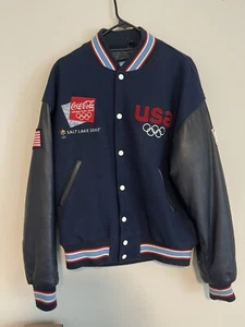 Roots 2002 USA Olympic Team Varsity Bomber Navy Jacket Men’s Small Wool/Leather - Picture 1 of 13