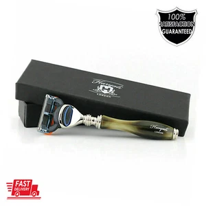 Replaceable Five Blades 5 Edge Razor Replica Horn Handle Men's Close Clean Shave - Picture 1 of 4