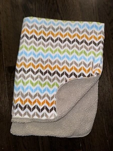 JUST BORN Baby Blanket White Brown Tan Orange Green Blue ZIG ZAG Chevron Sherpa - Picture 1 of 4