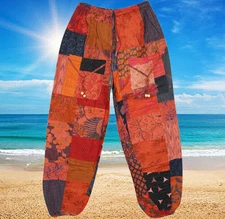 Women Harem Pant, Red Blue Mixed Hues Hippie Lounge Patchwork Cotton Pant S/M/L