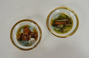 Vintage Cabin/Bar Ashtrays Gold Rim Covered Bridge/Water Wheel House 3.75" - Picture 1 of 5