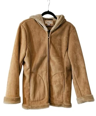 Mulberry Street Womens LARGE Hooded Coat Jacket Faux Fur Faux Suede Pockets Tan - Image 1 of 4