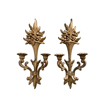 Par de apliques de pared vintage de madera siroco de 2 brazos dorados Hollywood Regency de los años 50 Foto 1 de 4