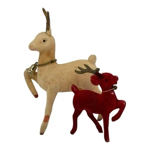 2 Vintage Red & White Velvet Reindeer~Plastic Christmas Figurines~Missing Parts - Picture 1 of 9