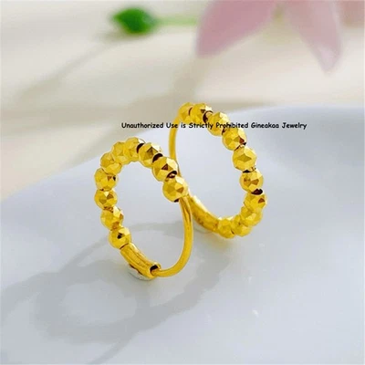 Pure 999 24K Yellow Gold Women Lucky Laser Beads Earrings Hoop 1.9-2.1g 14*2.2mm - Image 1 of 4