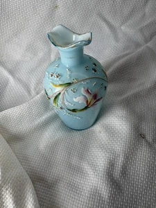 Bohemian Harrach Hand Enameled Floral Blue Gold Glass Vase - Picture 1 of 8