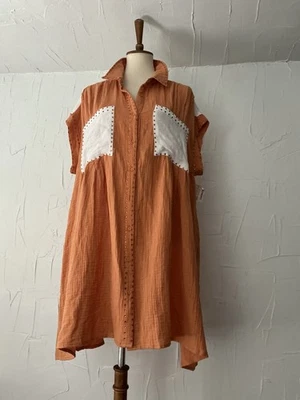 Peach Love California LagenLook Women’s Dress Orange White Button Up Sz L Cotton - Image 1 of 4