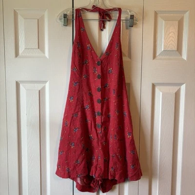 Urban Outfitters Cooperative Red Floral Short Halter Button Up Romper Size S - Image 1 of 4