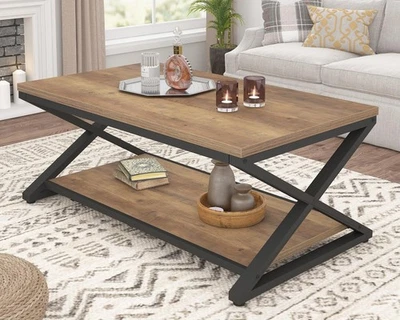 Rustic Farmhouse Coffee Table, Modern Minimalist Wood and Metal Living Room T... - Image 1 of 4