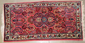 Vintage Hand Knotted Middle Eastern Wool Scatter Rug 49" x 26" Floral Medallion - Picture 1 of 5
