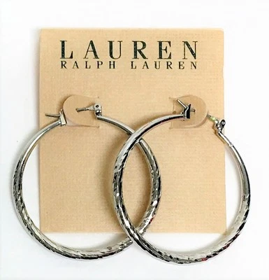 НОВЫЙ RALPH LAUREN БРИЛЛИАНТ ОГРАНКИ ТЕКСТУРИРОВАННЫЙ СЕРЕБРЯНЫЙ ТОН, СРЕДНИЙ СЕРЬГИ-КОЛЬЦА  - Изображение 1 из 4