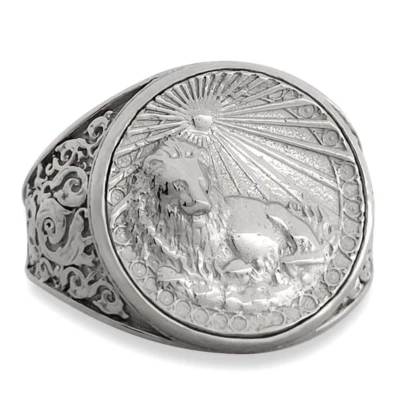 Real 18K White Gold Leo Ring, Zodiac Sign Mens Gold Coin Astrology Lion Ring - Image 1 of 4
