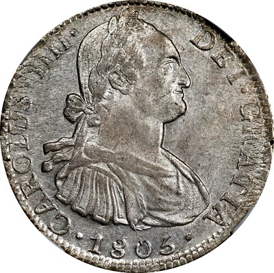 México Charles IV prata 8 reais 1805 Mo TH Cidade do México Estado perfeito. NGC MS-61 - Imagem 1 de 4