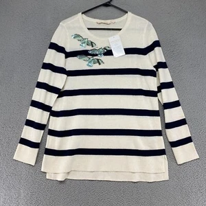 Soft Surroundings Sweater Womens Medium Striped Knit Sequin Birds Cream Blue - Picture 1 of 12