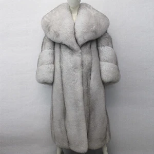Women Real Blue Fox Fur Coat Winter Full Pelt Lapel Jacket Natural Warm Overcoat - Picture 1 of 4