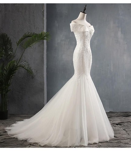 OFF WHITE Abito da sposa a sirena con scollo a barca in pizzo di lusso con treno
