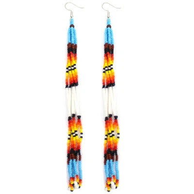 Handmade beaded Cyan Blue  White extra long hook dangle earrings - Image 1 of 3