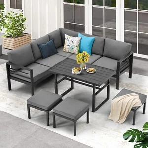 7 PCS Outdoor Patio Aluminum Furniture Set Sectional Sofa Adjustable Table Stool - Picture 1 of 41