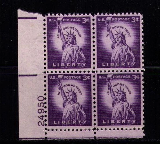 US USA Sc# 1035 MNH FVF PLATE # BLOCK Statue of Liberty Torch Wet Printing - Image 1 of 1