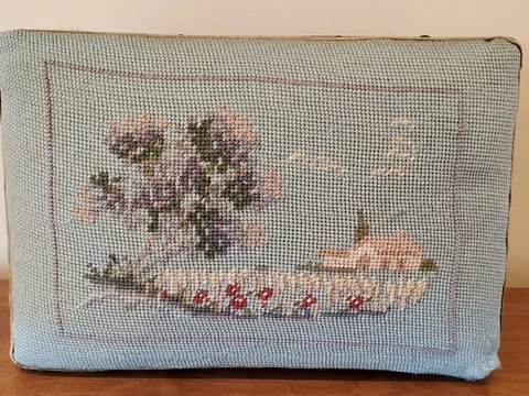Antique Aqua Needlepoint Footstool Ottoman twist turned legs cottage in meadow Cover