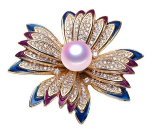 Natural 10-11mm White Pearl Crystal Flower Brooches 18KGP For Women - Picture 1 of 4