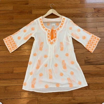 Cubierta de natación Trina Turk XS naranja brillante y blanco con borlas Foto 1 de 4