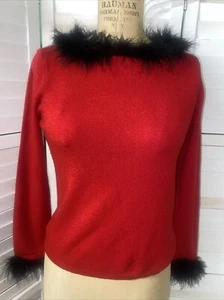 Vintage Worthington Damen Rot Pullover Sweater Schwarz Marabu Besatz Petite Small - Bild 1 von 8