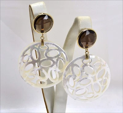 Pendientes de Oro Amarillo 18Kt Con Cuarzo Humo ' Y Nácar Grabado Oght 0183 - Imagen 1 de 3