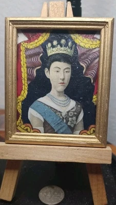 Artisan Signed Vintage Dollhouse Mini Painting WHIMSICAL ASIAN QUEEN Portrait - Image 1 of 3