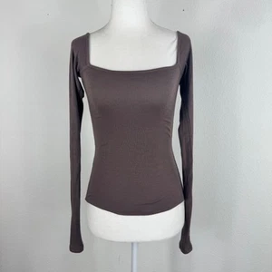 Joah Brown Long Sleeve Top XS Square Neck Brown Ribbed Neutral - Picture 1 of 8