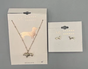 New on card Lauren Conrad LC Dachshund Gold tone 16" necklace and earrings - Picture 1 of 2