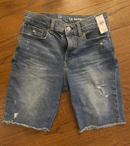 NWT GAP Kids High Rise Bermuda Shorts Medium Wash Denim Distressed NEW 14 - Picture 1 of 7