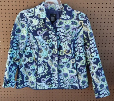 R.Q.T. Jacket Size med Floral Zip Front Quilted navy blue green yellow pockets Foto 1 de 4