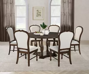 7Pc Traditional Round Dining Set Rich Brown Finish Turned Legs Upholstery Chairs - Picture 1 of 2