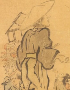 PERGAMINO COLGANTE PINTURA JAPONESA JAPÓN vendedor ambulante venta viento Hanabusa f926 - Imagen 1 de 6