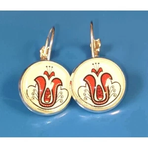Hungarian Polish Folk Art Red Tulip Design Leverback Earrings Silver Tone - Picture 1 of 7
