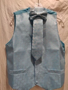 NWT Med MEN Aqua blue TUXEDO VEST, TIE Hankie & Bow Tie set WEDDING FORMAL prom - Picture 1 of 11