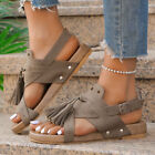 Womens Tassel Rivet Buckle Open Toe Sandals Flat Toe Ring Bohemian Beach Shoes