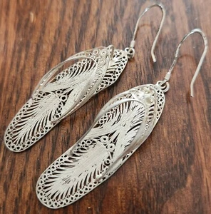 Vintage Filigree Sterling Silver 925 Flip-Flop Sandal Dangle Hanging Earrings  - Picture 1 of 4