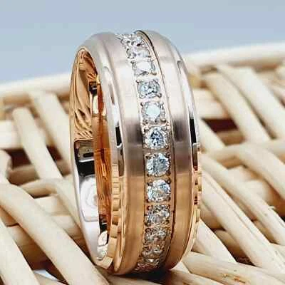 Alianza de tungsteno de oro rosa de 8 mm para hombre - anillo de compromiso y boda de circonita cúbica Foto 1 de 4