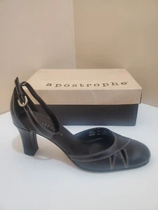 APOSTROPHE Shoes Black Leather 3" Heels Ankle Strap Sz 8 M - Picture 1 of 5