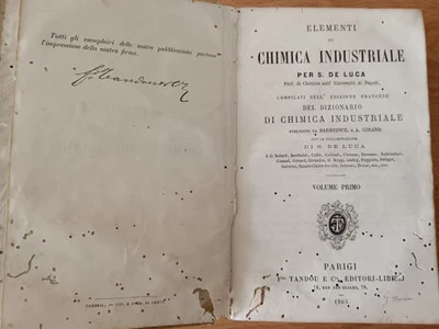 1865 S.DE LUCA ELEMENTI DI CHIMICA INDUSTRIALE DA BARRESWIL PARIGI ED. TANDOU - Immagine 1 di 4