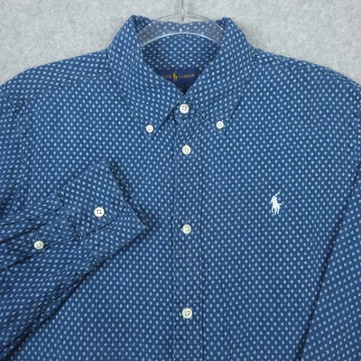 Camisa Ralph Lauren Para Hombre Grande Azul Lino Manga Larga Con Botones Geométrica Foto 1 de 4