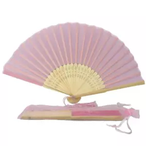 Hand Fan Soft Baby Pink Silky Feel Bamboo Ribs Organza Bag Wedding Party Favour - Picture 1 of 12