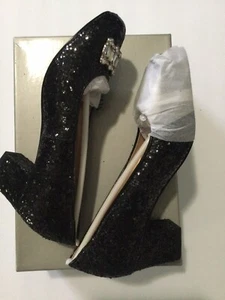 Badgley Mischka Little Kids Size 2 Starlett Adorb Black Block Heel Glitter - Picture 1 of 4
