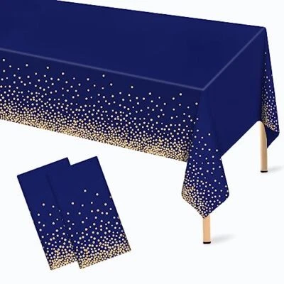 2 Pcs Navy Blue and Gold Plastic Tablecloth for Rectangle F04 Gold & Navy Blue - Image 1 of 4